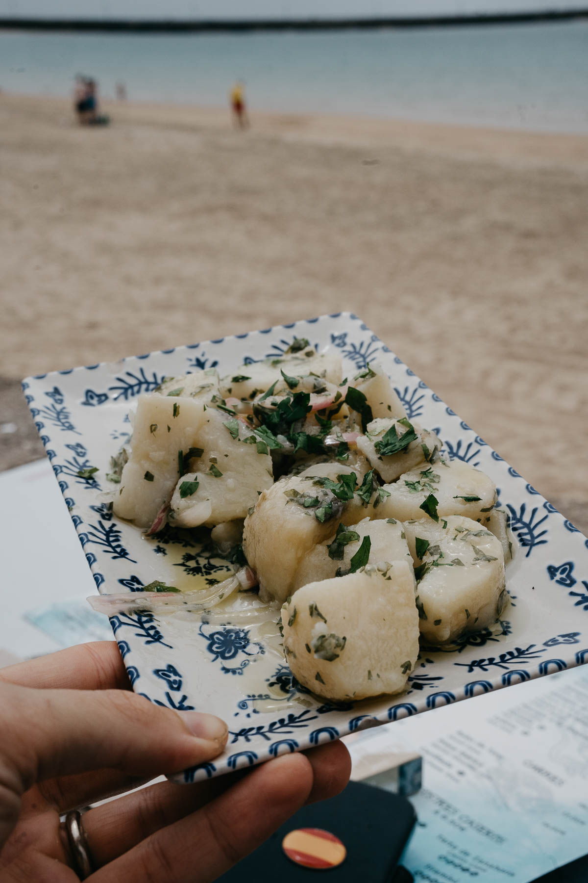 A close-up shot of a delicious plate of Patatas Aliñás, a traditional dish from Cadiz, is presented on a decorative plate. The seasoned potatoes are garnished with fresh parsley and dressed with sherry vinegar and olive oil. The beach serves as a scenic backdrop, with a blurred view of the shoreline and a couple of people enjoying the seaside. 