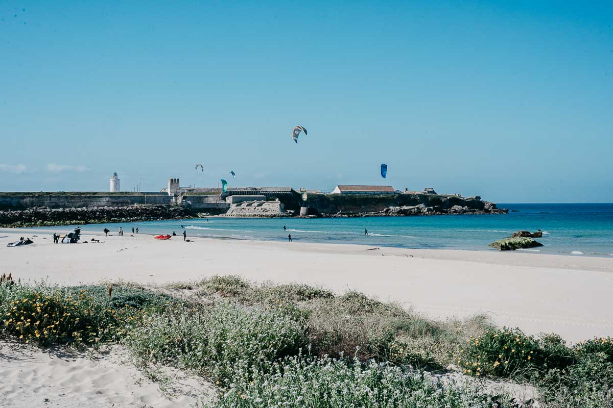 
A scenic view of a beach in Cadiz with golden sand, clear blue waters, and kite surfers in the distance. The shoreline is framed by greenery in the foreground and a historic fortress and lighthouse across the bay.