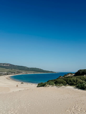 A stunning view of Bolonia Beach with its expansive sandy shoreline meeting the clear blue sea. The beach is backed by lush green vegetation and distant hills, offering a picturesque and tranquil coastal landscape.