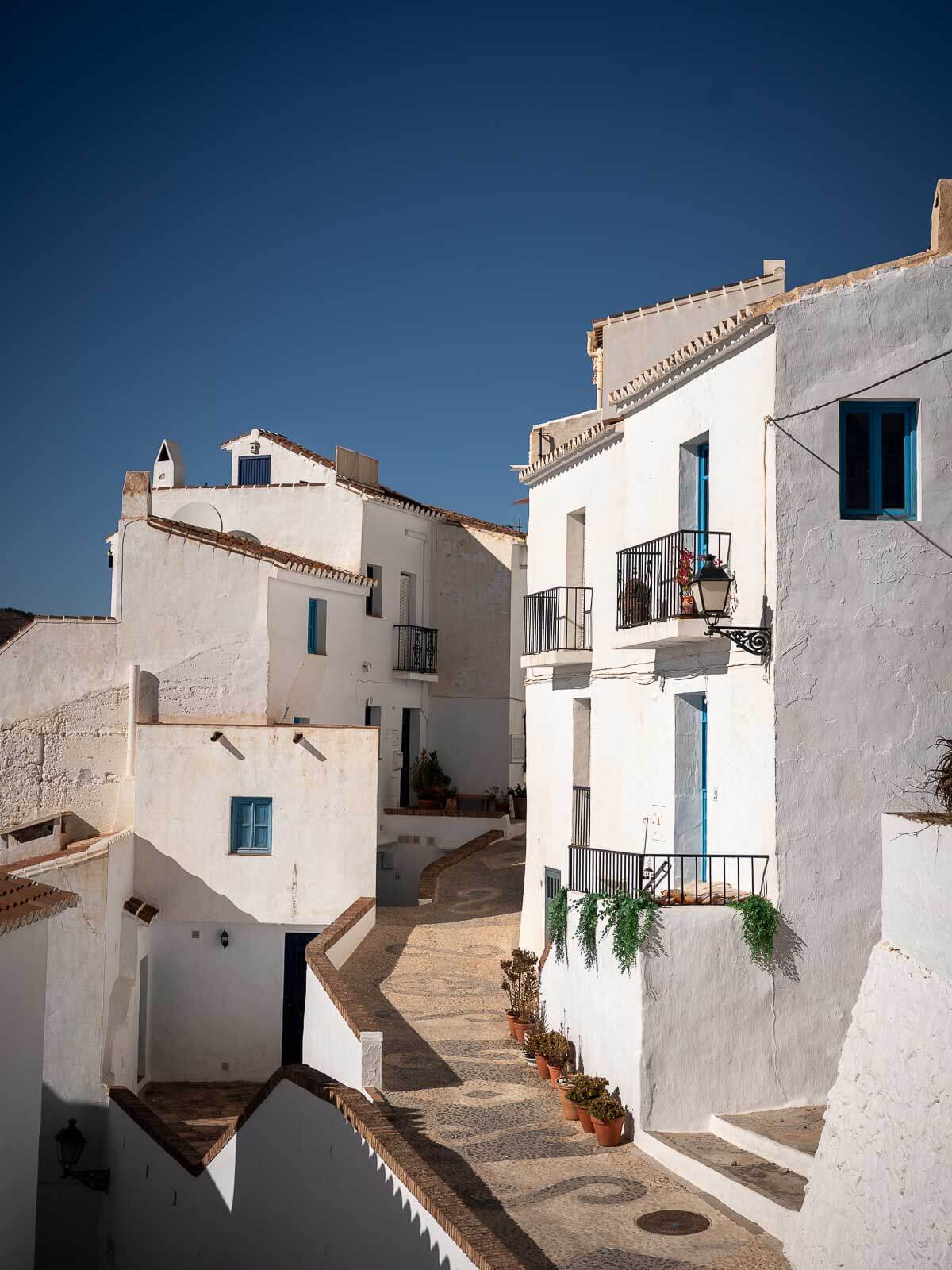 View of the picturesque hillside village of Frigiliana surrounded by lush greenery.