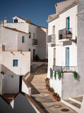 View of the picturesque hillside village of Frigiliana surrounded by lush greenery.