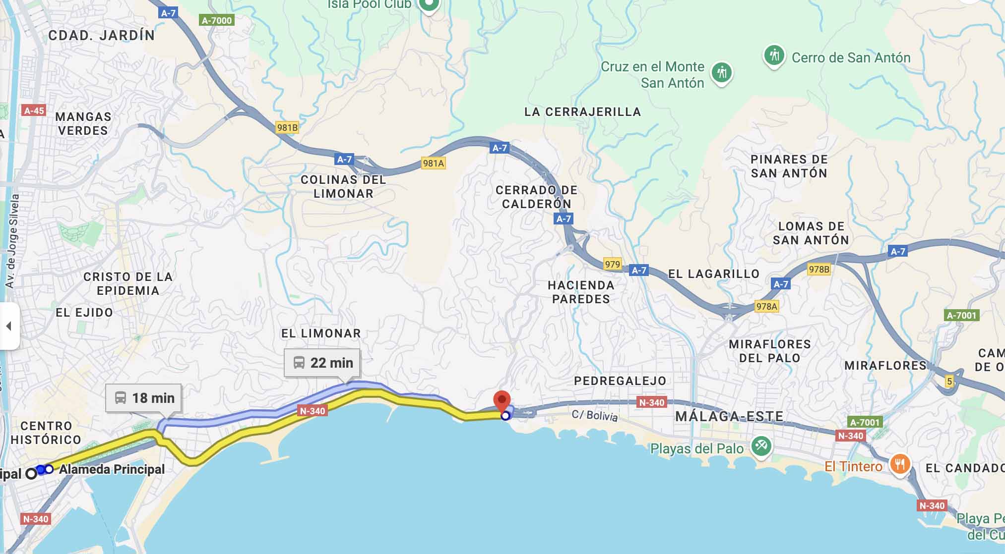 map of Malaga with route to get to Pedregalejo beach by bus.