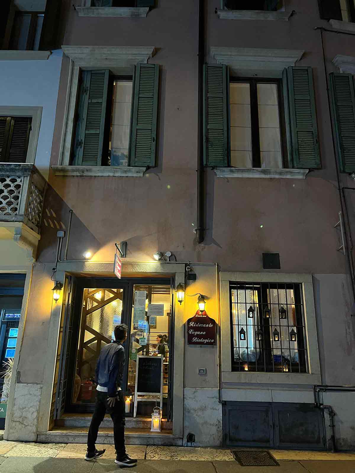 Cozy entrance of Verona’s Vegan Restaurant.