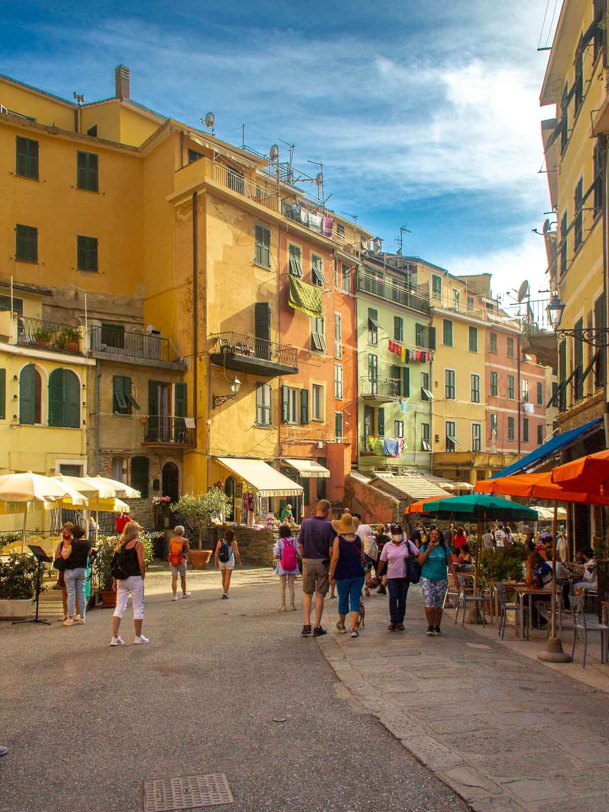 Stone pathway leading through the village of Vernazza, surrounded by charming architecture and lush hillside gardens.