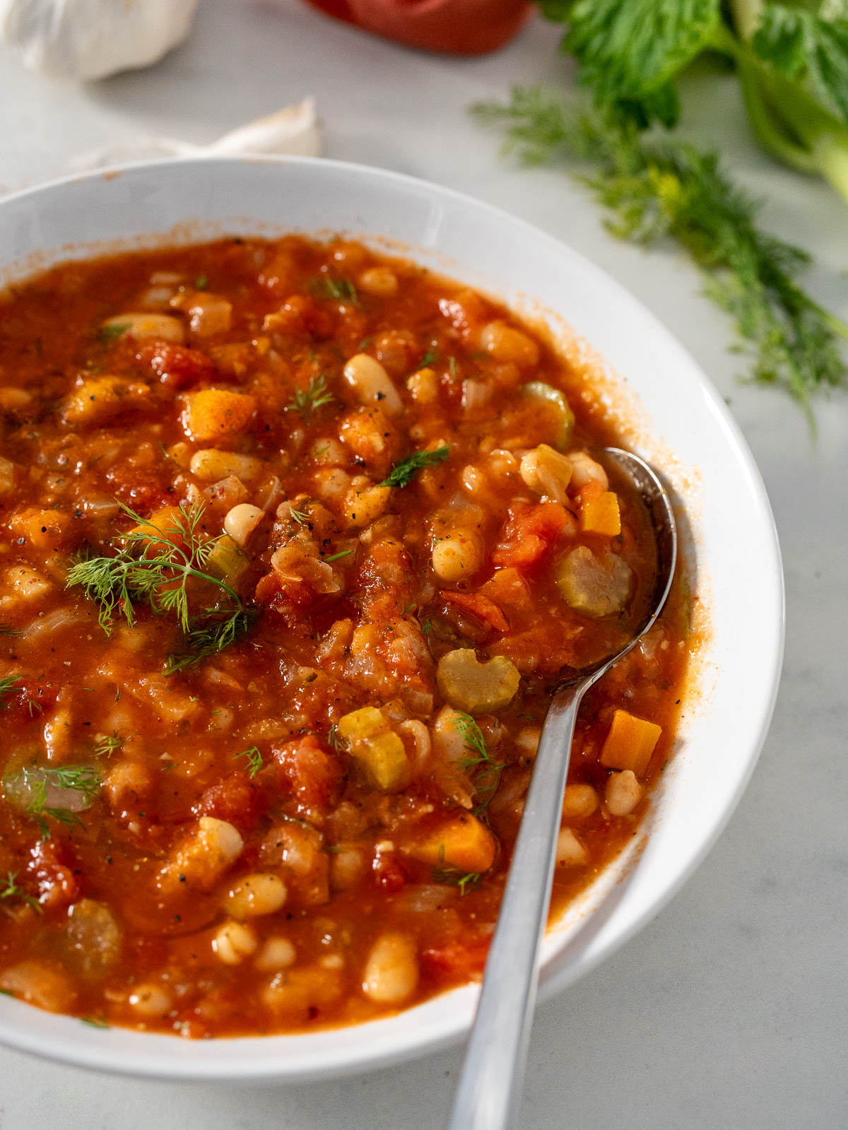 bowl of fasolada white bean soup.