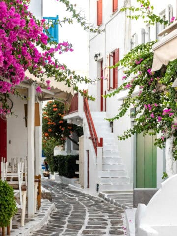 Bougainvillea-covered alley in Santorini Greece, colorful Cycladic architecture, whitewashed buildings, vibrant flowers, scenic narrow street, picturesque travel destination, Mediterranean coastline, charming European village, azure sky, romantic getaway setting.