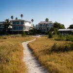 A narrow sandy path winding through golden beach grass leading to houses near the shore on Anna Maria Island.